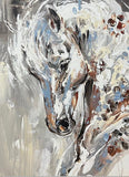 Abstract painting of a horse's head with swirling patterns in neutral colors.