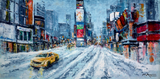 City street scene with a taxi in the snow, featuring colorful buildings and billboards.