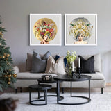 Living room with a sofa, coffee table, and decorative wall art.