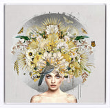 Artistic depiction of a woman with a floral headdress and birds on a light gray background