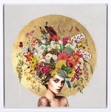 Artistic depiction of a woman's head with a colorful floral arrangement on a gold background