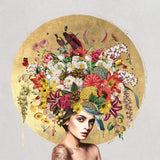 Artistic depiction of a woman with a floral headdress on a light gray background