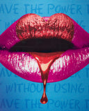 artwork of pink lips on a blue background with text overlay.