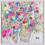 Colorful floral painting with a vase and butterflies on a light background
