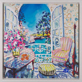 Colorful painting of a balcony scene with flowers, table, and chair.