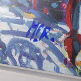 Close-up of a colorful abstract painting with a signature and date.