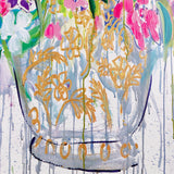 Colorful floral design with gold accents on a white background