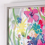 Colorful floral and butterfly design on a window with a white frame.
