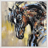 Abstract painting of a horse's head with dynamic brush strokes on a beige background