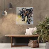Living room with a horse painting on the wall, wooden bench, and decorative items.