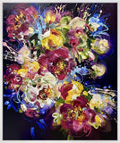 Colorful abstract floral painting on a black background