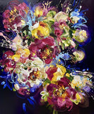 Colorful abstract floral painting on a black background