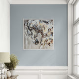 Abstract horse painting on a blue wall in a room with a window and lamp.