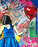 Collage of a girl in a blue dress holding a red heart balloon against a colorful, abstract background.