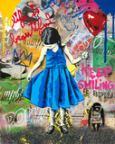 Collage art of a girl in a blue dress holding a red heart-shaped balloon against a colorful background with text and graphics.