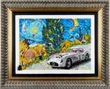 artwork in ornate frame in the style of vincent van gogh's night sky - featuring swirls, a crescent moon, bird, security camera in background and vincent van gogh in silver sport car with pink interior