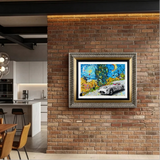 artwork in the style of vincent van gogh's night sky - featuring swirls, a crescent moon, bird, security camera in background and vincent van gogh in silver sport car with pink interior on a brick wall in a white kitchen