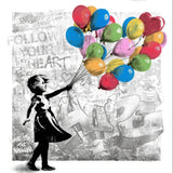 Artistic depiction of a girl holding colorful balloons against a textured background with text.