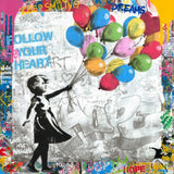 Collage art with a girl holding balloons and motivational phrases.