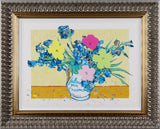 ornate frame artwork of pink,yellow and green iris flowers in a white and blue vase with the text follow your dreams, vincent, set against a yellow background with paint splatters.
