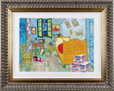 framed in ornate framing a bedroom in the style of vincent van gogh's bedroom in arles artwork, featuring paint cans, grafitti and spray cans