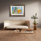 framed in ornate framing a bedroom in the style of vincent van gogh's bedroom in arles artwork, featuring paint cans, grafitti and spray cans