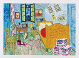 bedroom in the style of vincent van gogh's bedroom in arles artwork, featuring paint cans, grafitti and spray cans