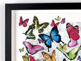 Framed artwork with colorful butterflies on a white background