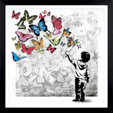 Illustration of a child reaching towards colorful butterflies on a textured background