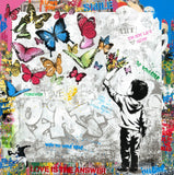Collage with colorful butterflies, text, and a silhouette of a boy reaching towards the sky.