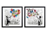 Two framed artworks of children with balloons and butterflies on a white background