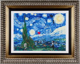 ornate framed swirly landscape artwork featuring a crescent moon and tall green tree, with a girl releasing a red heart balloon and hollywood sign in the foreground