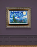 ornate framed swirly landscape artwork featuring a crescent moon and tall green tree, with a girl releasing a red heart balloon and hollywood sign in the foreground on a purple gallery wall