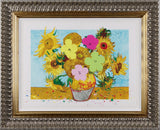 ornate framed artwork of sunflower flowers in a yellow vase set against a light blue background with paint splaters.