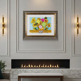 sunflower flowers in a yellow vase set against a light blue background with paint splaters on wall above modern fireplace