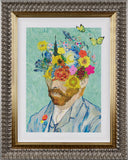 framed flower portrait in the style of Vincent van Gogh on light green background