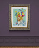 flower portrait in the style of Vincent van Gogh on light green background on a purple gallery wall