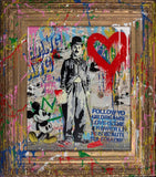 Artistic collage with a stylized figure, cartoon character, and text on a textured background.