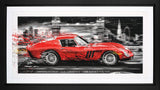 Red sports car with a cityscape background in a black frame