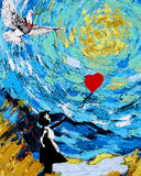 artwork in the style of vincent van gogh's night sky - featuring swirls, a swirly sun, a bird, and girl letting go of a red heart balloon against a blue night sky