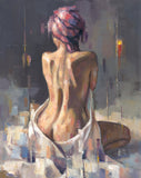 An impressionistic painting of a nude woman seen from behind, wrapped in a white towel