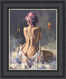 Framed painting of a seated nude woman seen from the back