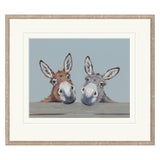 Framed artwork of two donkeys with a plain background