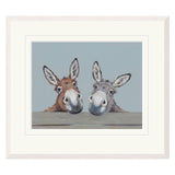 Framed artwork of two donkeys with a light blue background