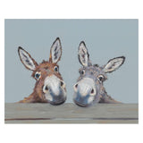 Two donkeys peeking over a surface with a light blue background