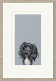 Framed artwork of a dog's portrait on a gray background