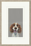 Framed artwork of a dog's portrait on a gray background