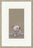 Framed artwork of a piglet peeking over a fence on a beige background
