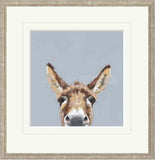 Framed artwork of a donkey's face on a gray background