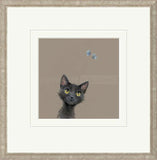 Framed artwork of a black cat with yellow eyes on a beige background